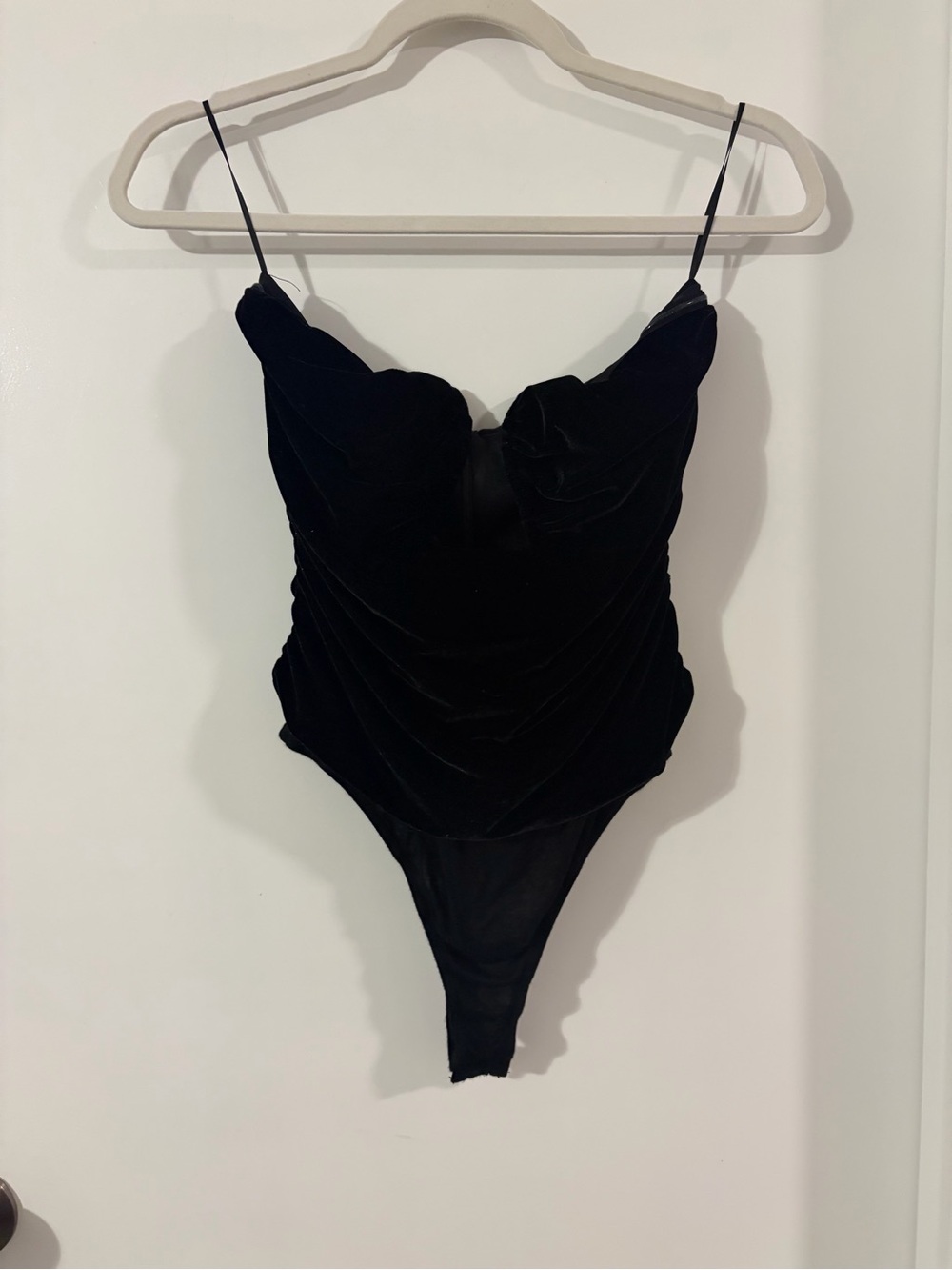 Vici Black Velvet Draped Bodysuit with Spaghetti Straps